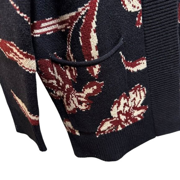 Les Serein Cardigan Size L Black Burgundy Ivory Floral Chunky Knit StitchFix New - Picture 8 of 11